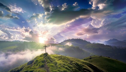 Wall Mural - View of the Cross on the hill at sunlight, with a beautiful sea of ​​clouds