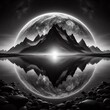 Fantasy landscape with mountain and planet. Black and white print art.