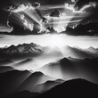 Mountain landscape with sun rays and clouds. Black and white.