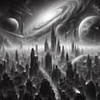 Fantastic city against the backdrop of space and planets. Black and white print art.