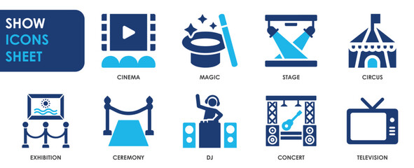 Show icon set. Containing entertainment, stage, spotlight, cinema and so on. Flat entertainment related icons set.