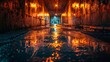 the urban underworld of a dark street, where rain-soaked asphalt reflects the faint glow of streetlights, creating a hauntingly beautiful scene captured with unparalleled realism by an HD camera