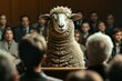 Sheep speaker, public speaking among people. Metaphorical concept. Background with selective focus and copy space