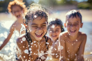 Sticker - Group of happy children on summer vacation. Background with selective focus and copy space