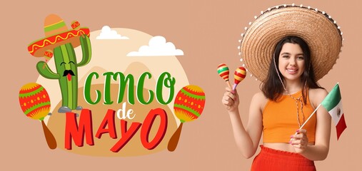 Canvas Print - Happy young woman in sombrero, with maracas and flag of Mexico on beige background. Banner for Cinco de Mayo (the 5th of May)