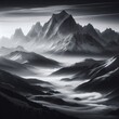 Foggy winter mountains landscape. Black and white print art.