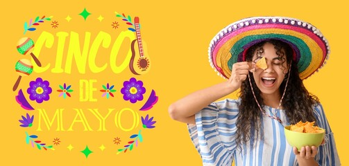 Canvas Print - Happy young African-American woman in sombrero holding nachos on yellow background. Banner for Cinco de Mayo (the 5th of May)