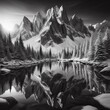 Beautiful winter landscape. Lake in the mountains. Black and white print art.