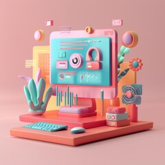 Craft a 3D icon focused on the fusion of application development and SEO analysis. Depict an interactive, AI Generative