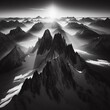 Fantasy planet. Mountain and sky landscape. Black and white print art.