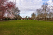 Beautiful scene of a park with blossoming trees in early spring set against a cloudy sky. New Jersey. USA.