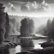 Foggy landscape with river and forest in black and white. Print art.