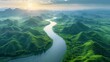 river from bird's eye view, winding through verdant landscapes, impressive aerial shot, digital art, nature's artistry, AI Generative