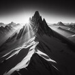 Mountain landscape with snow and sun. Black and white print art.