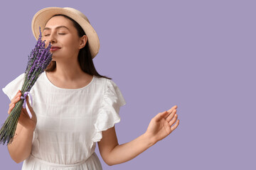 Sticker - Beautiful young woman with bouquet of lavender flowers on lilac background