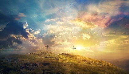 Wall Mural - View of the Cross on the hill at sunlight, with a beautiful sea of ​​clouds