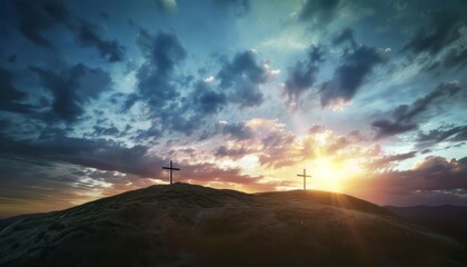 Wall Mural - View of the Cross on the hill at sunlight, with a beautiful sea of ​​clouds