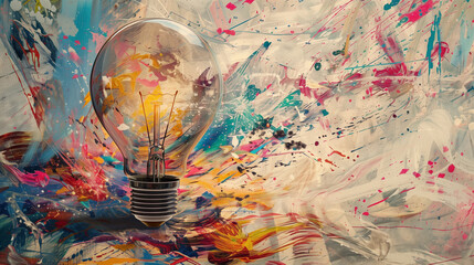 Canvas Print - Glowing Light Bulb on Vivid Paint Splatter Artistic Background