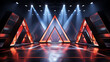 A dark and futuristic stage with bright lights and a triangle-shaped structure in the center.