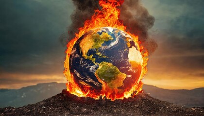 Wall Mural - Planet Earth globe burning, destroyed by fire, conceptual illustration of global warming