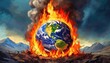 Planet Earth globe burning, destroyed by fire, conceptual illustration of global warming