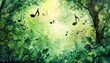 Capture a birds-eye view of a lush forest scene, where musical notes float from leaves Show vibrant colors to symbolize harmony between nature and music, using watercolor technique