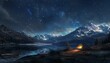 Illustrate a scene of adventurous wilderness camping under a starlit sky, blending digital rendering techniques for a photorealistic feel