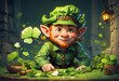 A cheerful leprechaun character with a red beard and pointy ears.