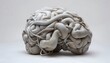 Visualize a clay sculpture depicting a high-angle view of a human brain interconnected with futuristic technologies, showcasing a harmonious blend of psychological symbolism and minimalist design Capt