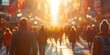 Group of People Walking Down a Street at Sunset. Generative AI