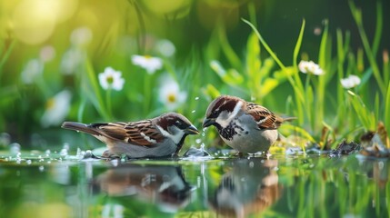 Poster - Two birds stand water