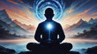Silhouette man meditation with blue energy chakra flow