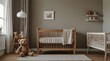 spacious baby room in white and ecru tones, with crib, armchair with cushions.generative.ai