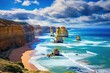 A view of the winding Great Ocean Road in Australia, stretching along the rugged coastline with the vast ocean on one side and lush greenery on the other. Generative AI