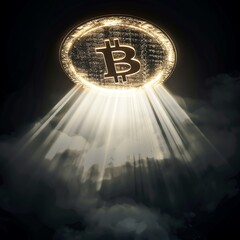 Bitcoin emerging from divine light, godly presence in the shadows, close-up, serene halo effect.