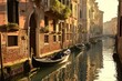 A peaceful Venetian canal in early morning light with gondolas moored at the side, Early morning on the  Canal,, Ai generated