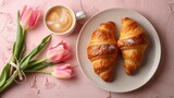 Fototapeta Do akwarium - Happy mother's day. beautiful breakfast. lunch with cup of coffee. fresh croissants. tulip and gift. Spring holiday. family relations. Top view 