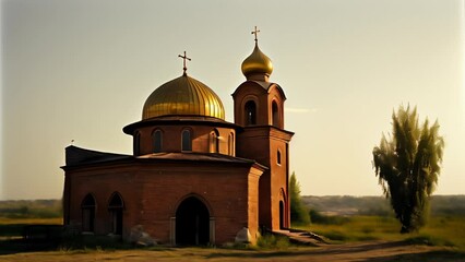 Poster -  Elegant church with golden domes and crosses set against a serene sunset