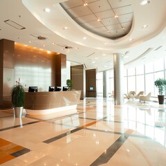 Corporate office lobby with sleek equipment display, wide angle, modern decor, welcoming bright light.