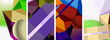 A vibrant collage featuring colorful geometric shapes such as purple rectangles, violet triangles, and magenta textiles. Symmetry and art are key elements in this display of colorfulness