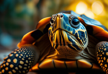 Wall Mural - Direct frontal view of a tortoise with detailed shell patterns and focused eyes