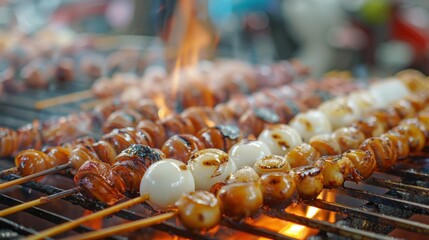 Canvas Print - Close-up of skewered food on grill