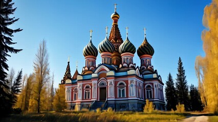 Canvas Print -  Elegant Russian church with vibrant colors and ornate architecture