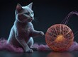3d render of a holographic wireframe cat playing with a digital ball of yarn

