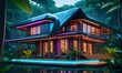 futuristic house in the middle of the forest with classic neon style