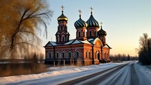  Snowy Serenity  A Russian Orthodox Church At Sunset
