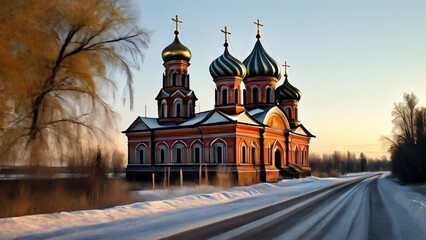 Wall Mural -  Snowy serenity  A Russian Orthodox church at sunset