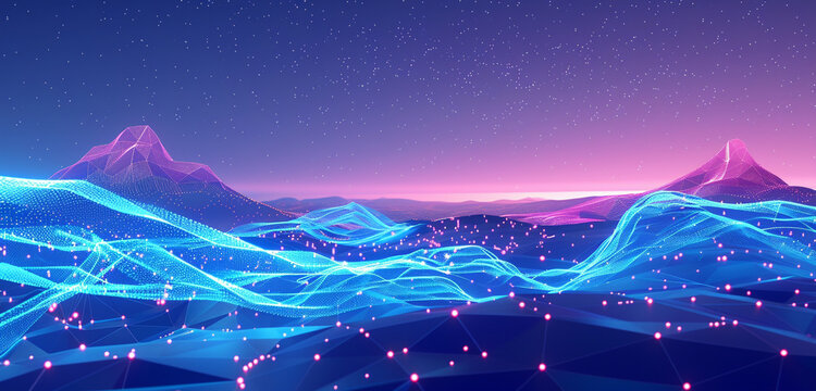 Neon data streams weaving through a low poly landscape under a digital sky, capturing the essence of futuristic communication