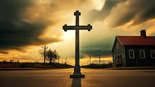  A Solitary Cross Stands Sentinel On A Quiet Road
