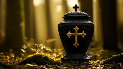 Poster -  Elegant black urn with gold cross symbolizing faith and remembrance